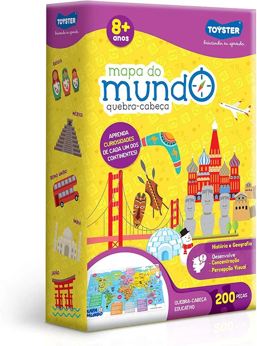 Mapa do Mundo, Quebra-cabeça 200 peças, brinquedos educativos 8 anos